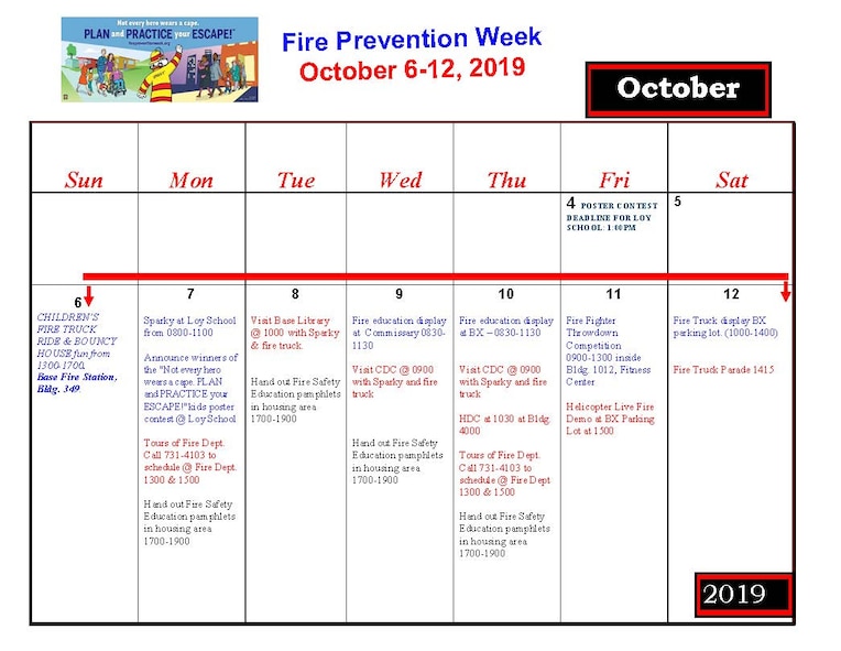 The Fire Prevention Week calendar of events for 2019.