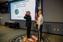 The Commanding General for Joint Task Force Civil Support U.S. Army Maj. Gen. William “Bill” Hall administers the oath of office to U.S. Army Lt. Col. Patrick Bradley during his promotion ceremony at the command’s headquarters. The ceremony was presided over by Hall, and was attended by Bradley’s wife, his son and daughter and his parents.  (Official DoD photo by Mass Communication Specialist 3rd Class Michael Redd/RELEASED)