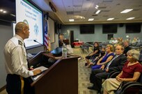 U.S. Army Lt. Col. Patrick Bradley gives a speech during his promotion ceremony at Joint Task Force Civil Support headquarters. The ceremony was presided over by Joint Task Force Civil Support Commanding General U.S. Army Maj. Gen. William “Bill” Hall, and was attended by Bradley’s wife, his son and daughter and his parents.  (Official DoD photo by Mass Communication Specialist 3rd Class Michael Redd/RELEASED)