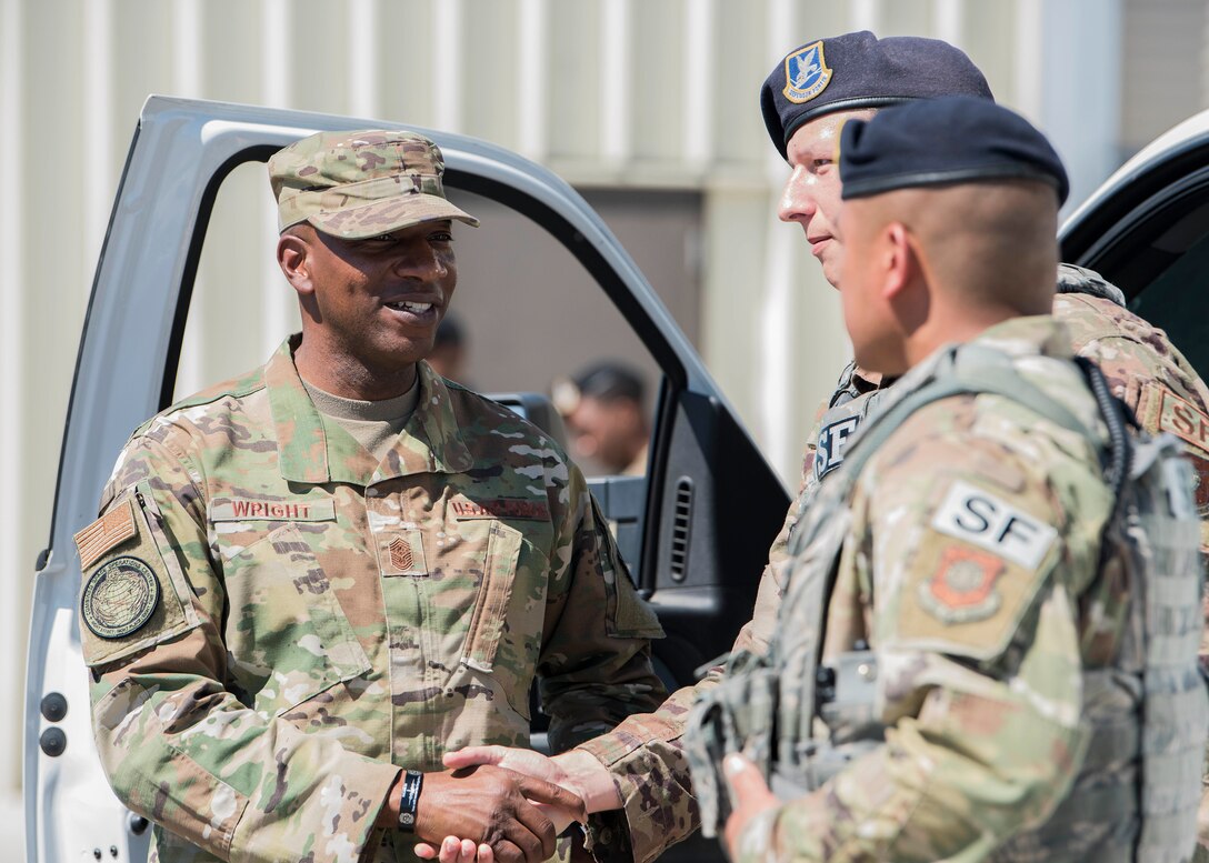 Chief Master Sergeant of the Air Force Kaleth O. Wright visits with Airmen Sept. 25, 2019, at Vandenberg Air Force Base, Calif. While at Vandenberg, Wright hosted an all call and visited multiple units across the installation including the 30th Medical Group, 30th Mission Support Group and the Combined Space Operations Center. (U.S. Air Force photo by Airmen 1st Class Hanah Abercrombie)