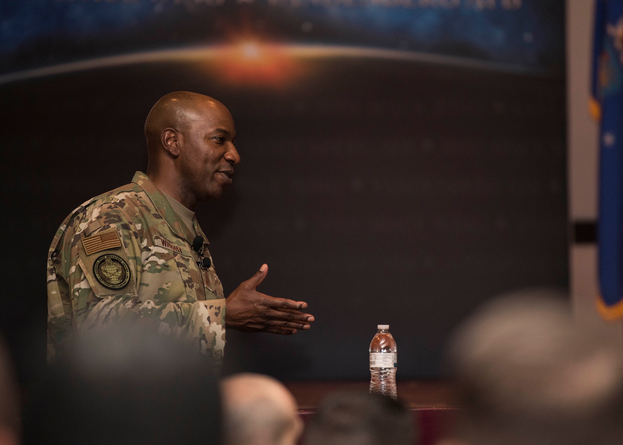 Chief Master Sergeant of the Air Force Kaleth O. Wright speaks during an all call Sept. 25, 2019, at Vandenberg Air Force Base, Calif. While at Vandenberg, Wright hosted an all call and visited multiple units across the installation including the 30th Medical Group, 30th Mission Support Group and the Combined Space Operations Center. (U.S. Air Force photo by Airmen 1st Class Hanah Abercrombie)
