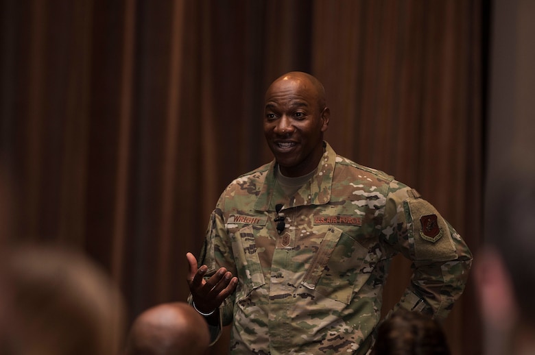 Chief Master Sergeant of the Air Force Kaleth O. Wright speaks during an all call Sept. 25, 2019, at Vandenberg Air Force Base, Calif. While at Vandenberg, Wright hosted an all call and visited multiple units across the installation including the 30th Medical Group, 30th Mission Support Group and the Combined Space Operations Center. (U.S. Air Force photo by Airmen 1st Class Hanah Abercrombie)