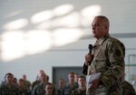 Air Force Col. David Johnson, commander of the 121st Air Refueling Wing, speaks to Airmen about suicide prevention during a "resilience tactical pause'" day at Rickenbacker Air National Guard Base in Columbus, Ohio, Sept. 14, 2019. The National Guard has launched or participated in suicide prevention initiatives throughout 2019. A Department of Defense report released Sept. 26, 2019, underscores the significant challenges the Guard faces in suicide prevention.