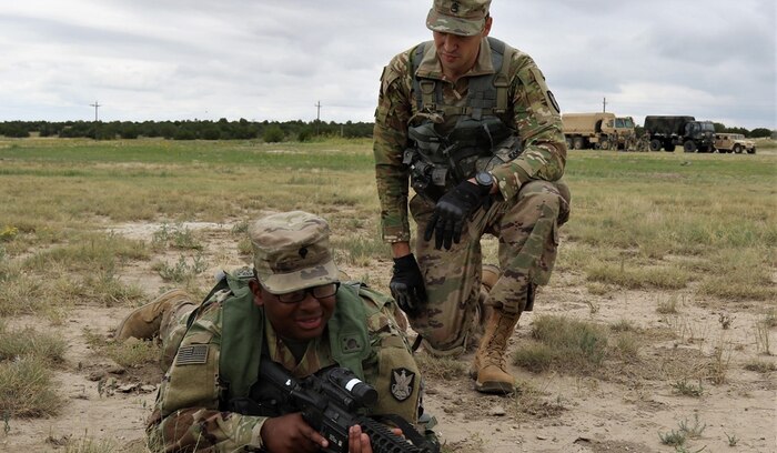 Staff Sgt. Christopher Luntz and Spc. Savion Singh, Headquarters and Headquarters Company, 1st Space Battalion, 1st Space Brigade, conduct movement to contact battle drills during a field training exercise August 27, 2019, at Fort Carson, Colorado. The field training exercise reinforces basic warrior tasks and Soldier skills. (U.S. Army Photo by 1st Sgt. Steve Segin)