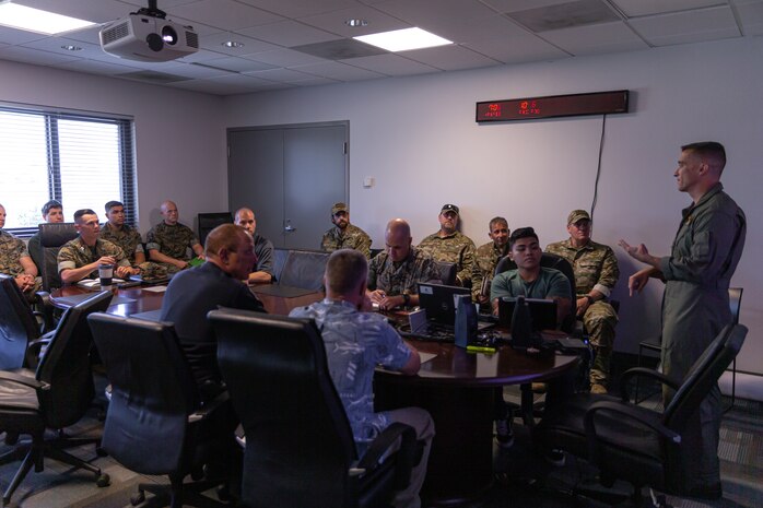 Col. Charles Dockery, commanding officer of Marine Corps Air Station Miramar, expresses his thanks to the law enforcement personnel responsible for the 2019 MCAS Miramar Airshow at the MCAS Miramar Provost Marshall Office on Sept. 17.  The law enforcement meetings mission was to discuss the responsibilities of keeping the community on and off Marine Corps Air Station safe during this year’s airshow.