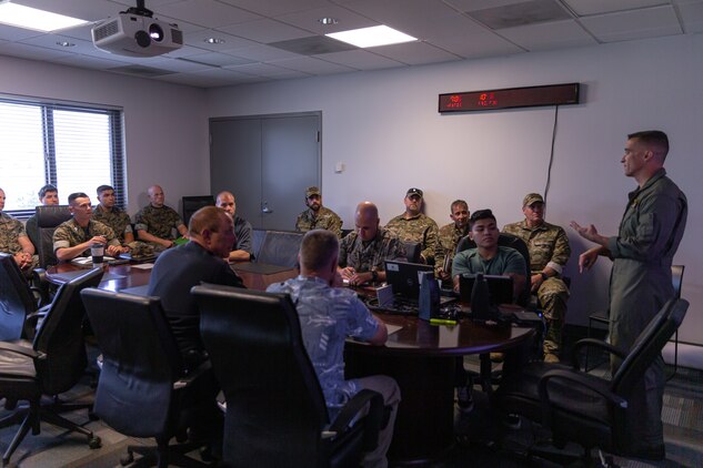 Col. Charles Dockery, commanding officer of Marine Corps Air Station Miramar, expresses his thanks to the law enforcement personnel responsible for the 2019 MCAS Miramar Airshow at the MCAS Miramar Provost Marshall Office on Sept. 17.  The law enforcement meetings mission was to discuss the responsibilities of keeping the community on and off Marine Corps Air Station safe during this year’s airshow.