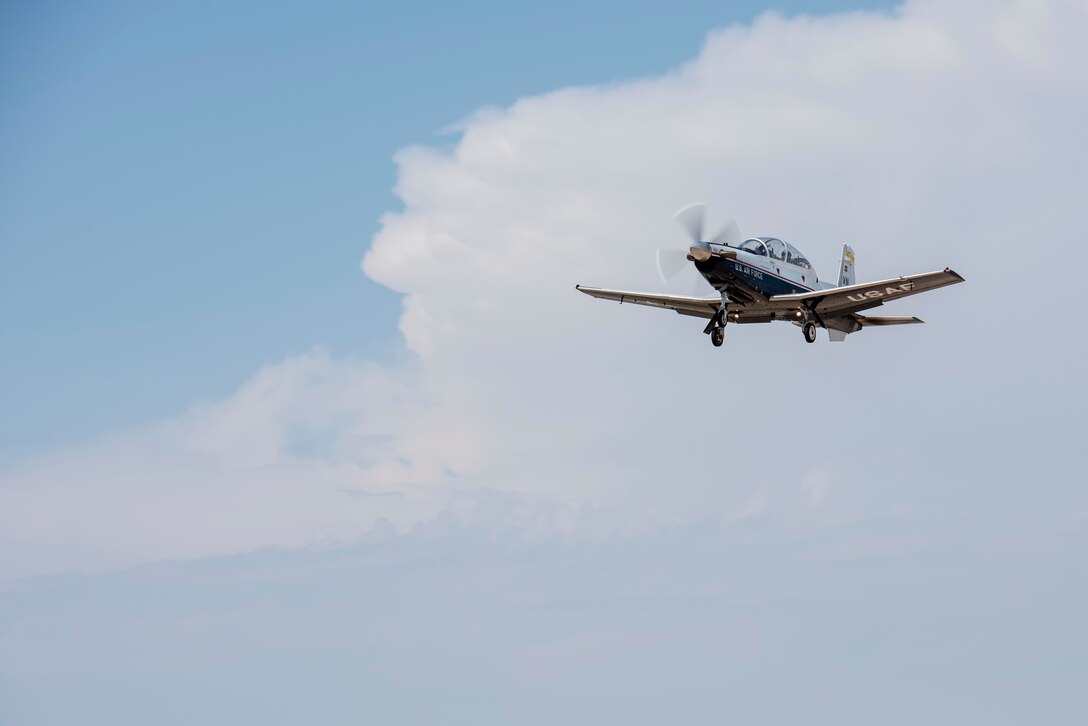 A T-6 Texan II takes off from the flightline at Vance Air Force Base on Mar. 27, 2019. The T-6A Texan II is a single-engine, two-seat primary trainer designed to train undergraduate pilot training students. (U.S. Air Force Photo by Airman 1st Class Octavius Thompson)