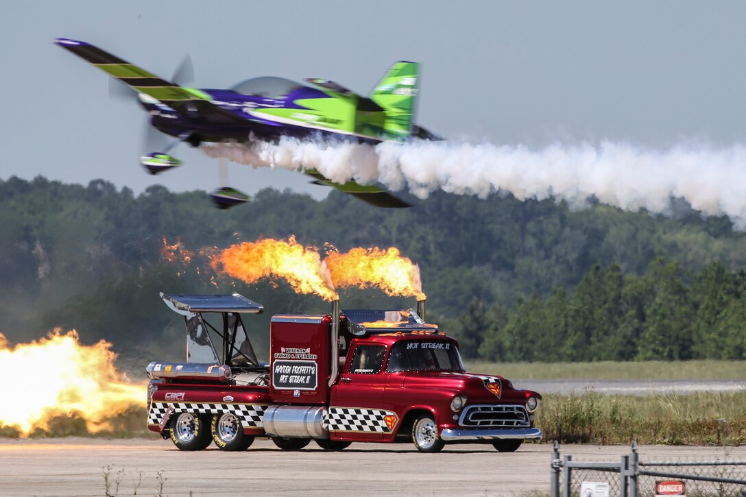 Smoke N’ Thunder prepares to race Gary Ward during the 2019 MCAS Beaufort Air Show, April 27. MCAS Beaufort hosts the air show in order to bring the community together and demonstrate U.S. Marine Corps Aviation Combat Element and Marine Air-Ground Task Force capabilities. (U.S. Marine Corps photo by Sgt. Brittney Vella)