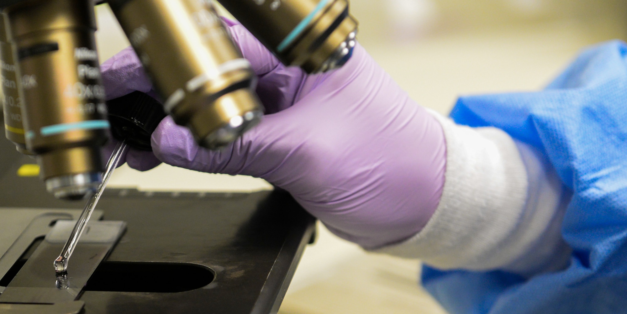 U.S. Air Force Senior Airman Rhian Owen, 940th Aerospace Medical Squadron laboratory technician, places a sample under a microscope at Beale Air Force Base, California, Sept. 24, 2019. Exploring patient samples helps lab technicians ensure that they are giving accurate information to primary care providers. (U.S. Air Force photo by Staff Sgt. Taylor White)