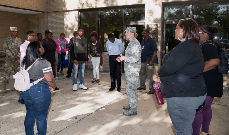 Col. Jocelyn J. Schermerhorn, 11th Wing vice commander, leads opening remarks at Joint Base Andrews, Aug. 29, 2019. Schermerhorn spoke about Project Search and how it helps the base as well as the interns. (U.S. Air Force photo by Airman 1st Class Spencer J. Slocum)