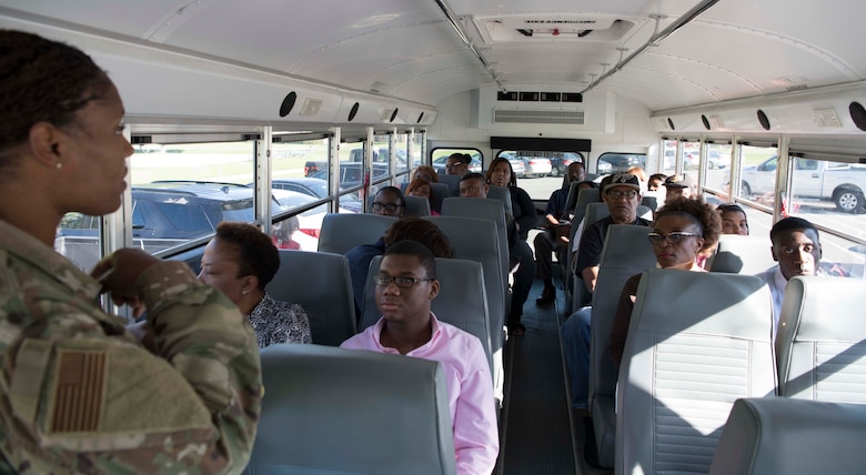 U.S. Air Force Lt. Col. Wanda McDonald, 11th Mission Support Group deputy commander, briefs Project Search interns at Joint Base Andrews, Aug. 29, 2019. The tour included stops at possible work stations for the interns including the base library, commissary, and the base exchange. (U.S. Air Force photo by Airman 1st Class Spencer J. Slocum)