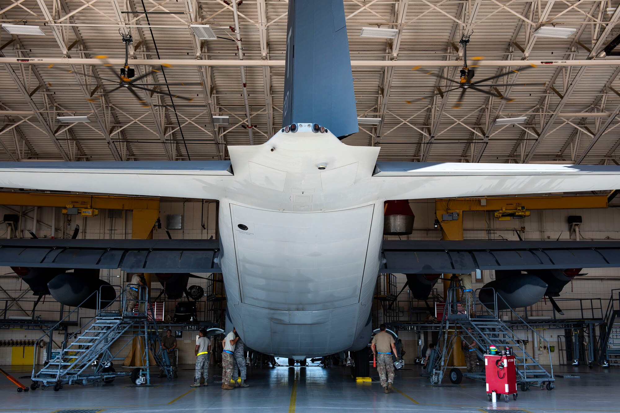 Airmen with the 71st Aircraft Maintenance Unit prepare an HC-130J Combat King II for a situational awareness communication upgrade (SACU) modification Sept. 25, 2019, at Moody Air Force Base, Ga. This SACU will enhance the aircraft’s ability to communicate with personnel on the ground during search and rescue operations. (U.S. Air Force photo by Senior Airman Erick Requadt)