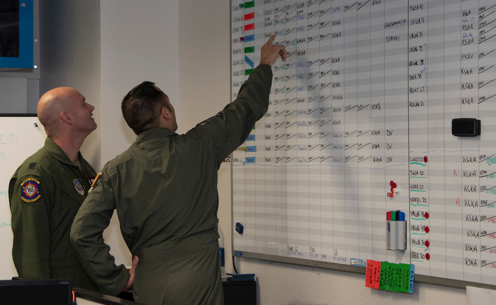 U.S. Air Force Lt. Col. John Berger, left, commander, and Maj. James Chongris, executive officer, 321st Air Mobility Operations Squadron, view current statistics at the Weapons Systems Suite in the Air Operations Center during exercise Mobility Guardian Sept. 25, 2019, at Travis Air Force Base, California. MG19 is Air Mobility Command’s flagship exercise for large-scale, rapid global mobility operations. Forty-six U.S. aircraft joined aircraft from 29 international partners, along with more than 4,000 U.S. and international Air Force, Army, Navy and Marine Corps aviators. (U.S. Air Force photo by Heide Couch)