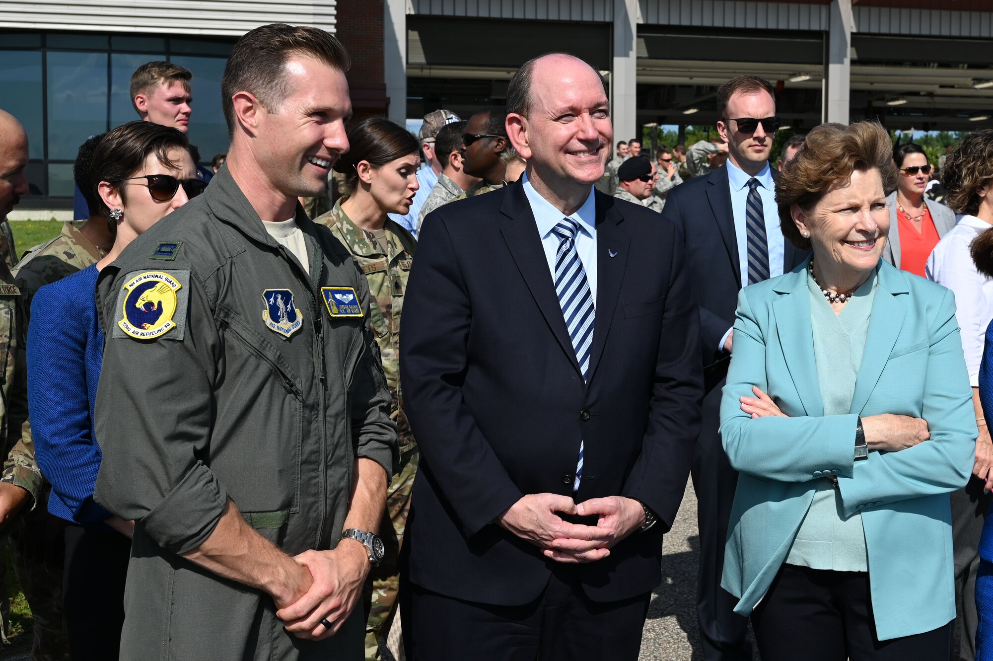 Matthew Donovan, the acting secretary of the Air Force, is flanked by Capt. Jordan Gauvin, 133rd Air Refueling Squadron, and U.S. Sen. Jeanne Shaeen during a KC-46A air refueling tanker welcoming event at Pease Air National Guard Base, Aug. 8, 2019. The plane's arrival marks a new era of refueling at Pease, which was the first National Guard base to receive the new aircraft.  (U.S. Air National Guard photo by Staff Sgt. Charles Johnston)