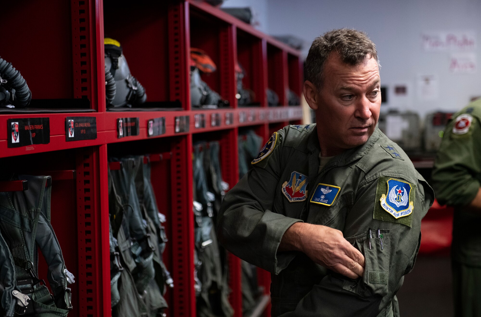 U.S. Air Force Maj. Gen. Chad Franks, Ninth Air Force commander, suits up before flying in an F-15E Strike Eagle at Seymour Johnson Air Force Base, N.C., Sept. 24, 2019. This is the general’s first visit to the 4th Fighter Wing since assuming command of the Ninth AF. (U.S. Air Force photo by Senior Airman Kenneth Boyton)