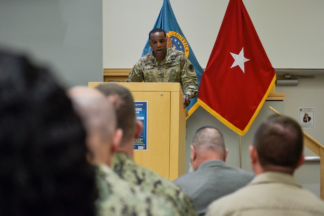Army Brig. Gen. Gavin Lawrence, DLA Troop Support Commander, speaks at the annual Hispanic Heritage Month celebration Sept. 25, 2019 in Philadelphia.  Troop Support and Naval Supply Systems Command Weapon Systems Support employees celebrated the culture and traditions of Hispanic Americans during a National Hispanic Heritage Month program.