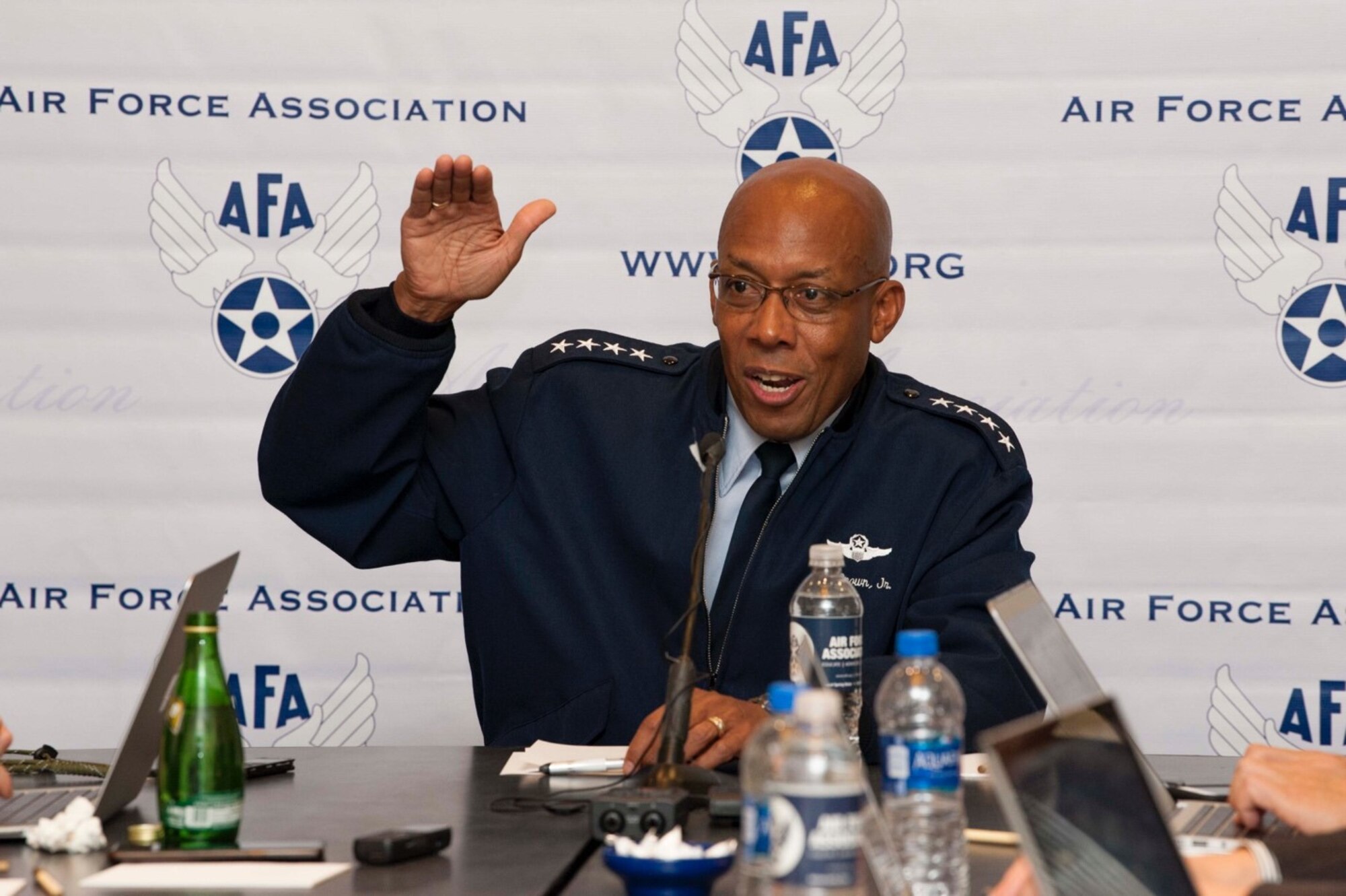 Gen. CQ Brown, Jr., Pacific Air Forces commander, answers questions during a media roundtable during the Air Force Association’s Air, Space, and Cyber conference at the Gaylord National Resort and Convention Center in National Harbor, Md., Sept. 18, 2019. Brown supports the vision of a free and open Indo-Pacific through three lines of effort in his command’s strategy – strengthening allies and partners, increasing lethality and interoperability through exercise programs, and operational concepts for great power competition. (U.S. Air Force photo by Staff Sgt. Mikaley Kline)