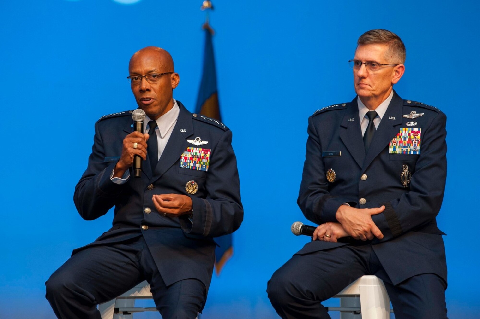 Gen. CQ Brown, Jr., left, Pacific Air Forces commander and Gen. Timothy Ray, Air Force Global Strike Command commander, participate in a Forward Power Projection in the 21st Century discussion panel during the Air Force Association’s Air, Space, and Cyber conference at the Gaylord National Resort and Convention Center in National Harbor, Md., Sept. 18, 2019. Brown stressed the importance of multifunctional Airmen and not being afraid to break paradigms and have leaders that are empowered to take risk. (U.S. Air Force photo by Staff Sgt. Mikaley Kline)