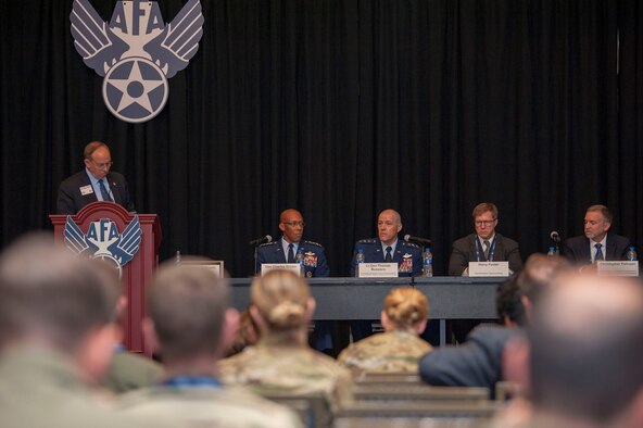 (Left to right) Lt. Gen. Dave Deptula (retired), Mitchell Institute for Aerospace Studies dean, Gen. CQ Brown, Jr., Pacific Air Forces commander, Lt. Gen. Thomas Bussiere, Alaskan North American Aerospace Defense Command Region commander, Harry Foster, Telemus Group vice president, and Christopher Pehrson, General Atomics Aeronautical Systems strategic development vice president, participate in a maritime strike panel during the Air Force Association’s Air, Space, and Cyber conference at the Gaylord National Resort and Convention Center in National Harbor, Md., Sept. 17, 2019. The Maritime Strike panel was one of 28 panels and speaker sessions covering topics in air, space, and cyber at this year’s AFA event. (U.S. Air Force photo by Staff Sgt. Mikaley Kline)