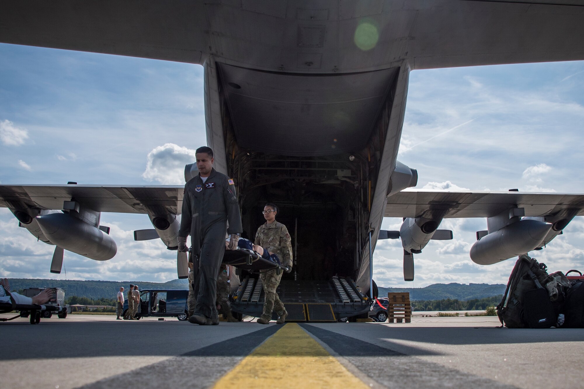 Airmen from the 86th Aeromedical Evacuation Squadron, Ramstein Air Base, Germany, conduct an Aeromedical Evacuation Exercise as a part of the Silver Arrow Mission in collaboration with the 179th Airlift Wing, Mansfield, Ohio, from Ramstein Air Base to Naval Station Rota, Spain, Sept. 13-14, 2019. Silver Arrow provides an augmenting force to increase tactical airlift capacity to U.S. Air Forces in Europe while improving the interoperability with NATO allies and partners. (U.S. Air National Guard photo by Airman 1st Class Alexis Wade)