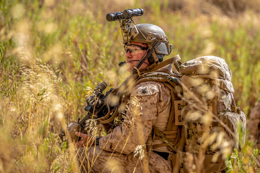 190827-M-QR315-1064 JORDAN (Aug. 27, 2019) Hospital Corpsman First Class  Rory J. Farrell, a special amphibious reconnaissance corpsman with the Maritime Raid Force, 11th Marine Expeditionary Unit (MEU), provides security during a live-fire range at King Abdullah II Special Operations Training Center. Eager Lion, U.S. Central Command’s largest and most complex exercise, is an opportunity to integrate forces in a multilateral, environment, operate in realistic terrain and strengthen military-to-military relations. (U.S. Marine Corps photo by Sgt. Matthew Teutsch)