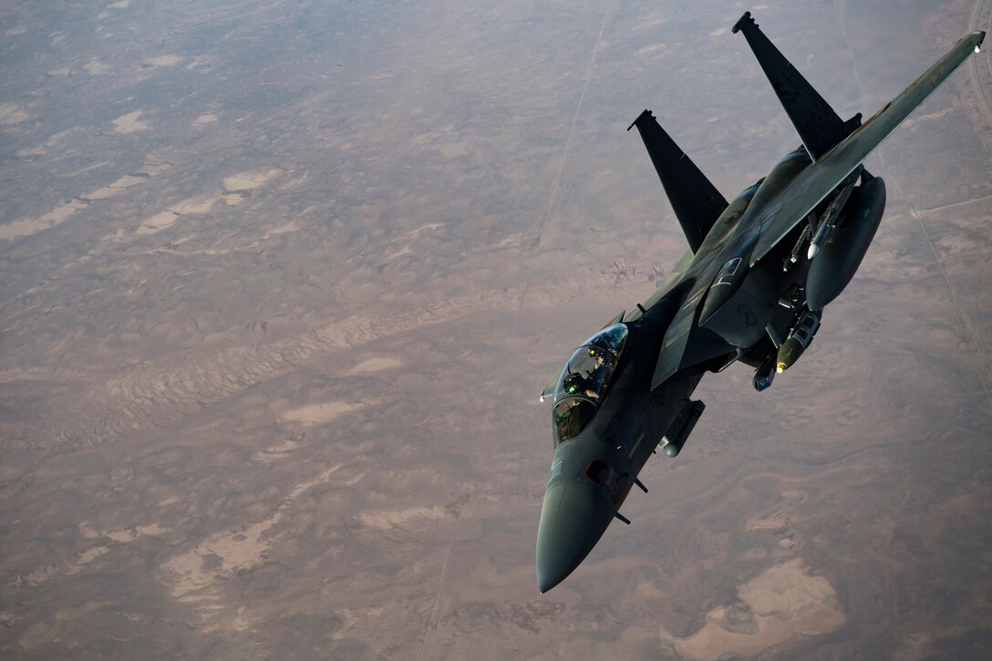 U.S. F-15E Strike Eagle conducts a combat air patrol mission over an undisclosed location in Southwest Asia, Sept. 10, 2019. The F-15E Strike Eagle is a dual-role fighter designed to perform air-to-air and air-to-ground missions. An array of avionics and electronics systems gives the F-15E the capability to fight at low altitude, day or night and in all weather. (U.S. Air Force photo by Master Sgt. Russ Scalf)