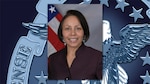 Portrait of Hispanic woman with American flag against DLA background graphic.