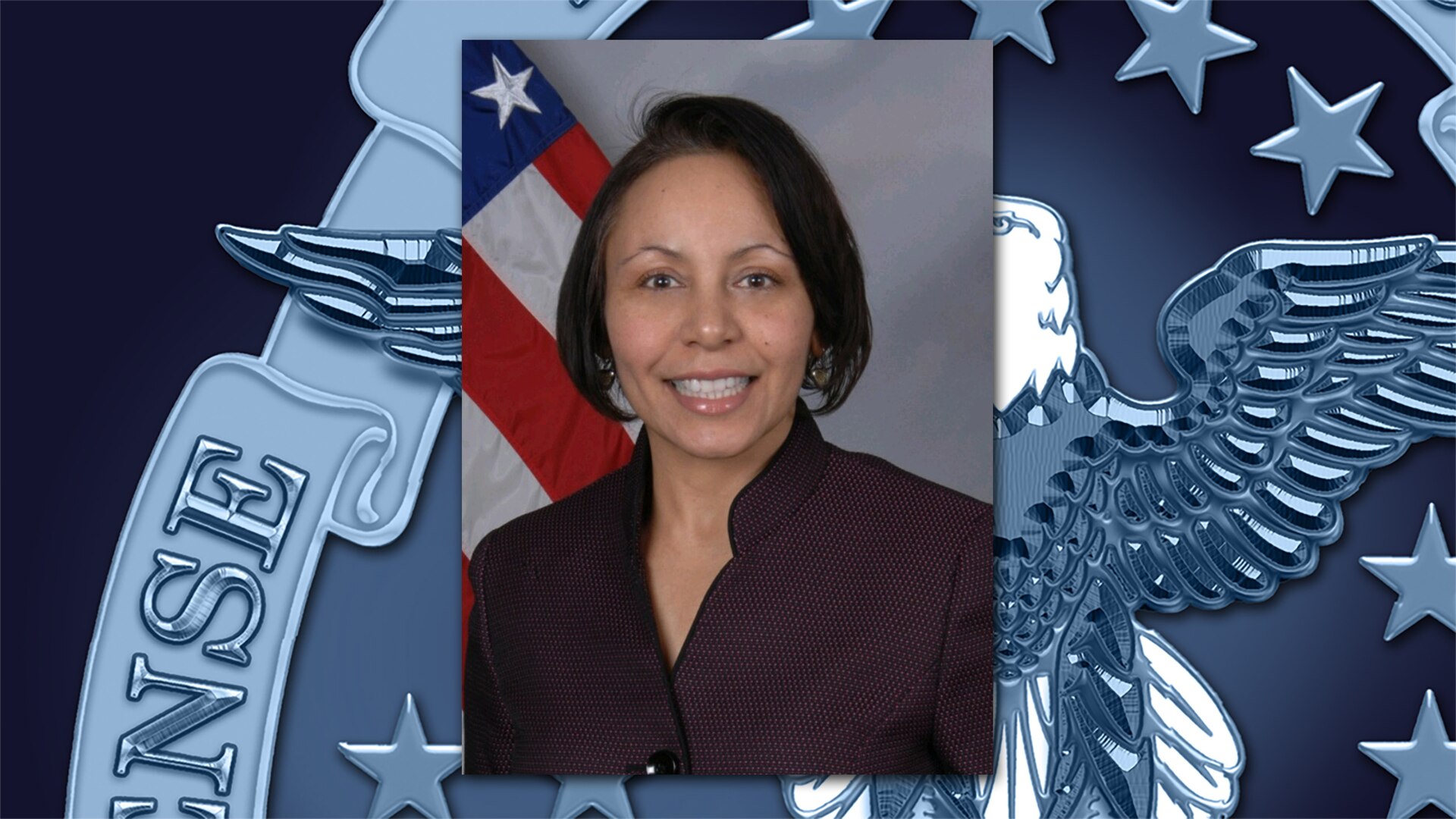 Portrait of Hispanic woman with American flag against DLA background graphic.