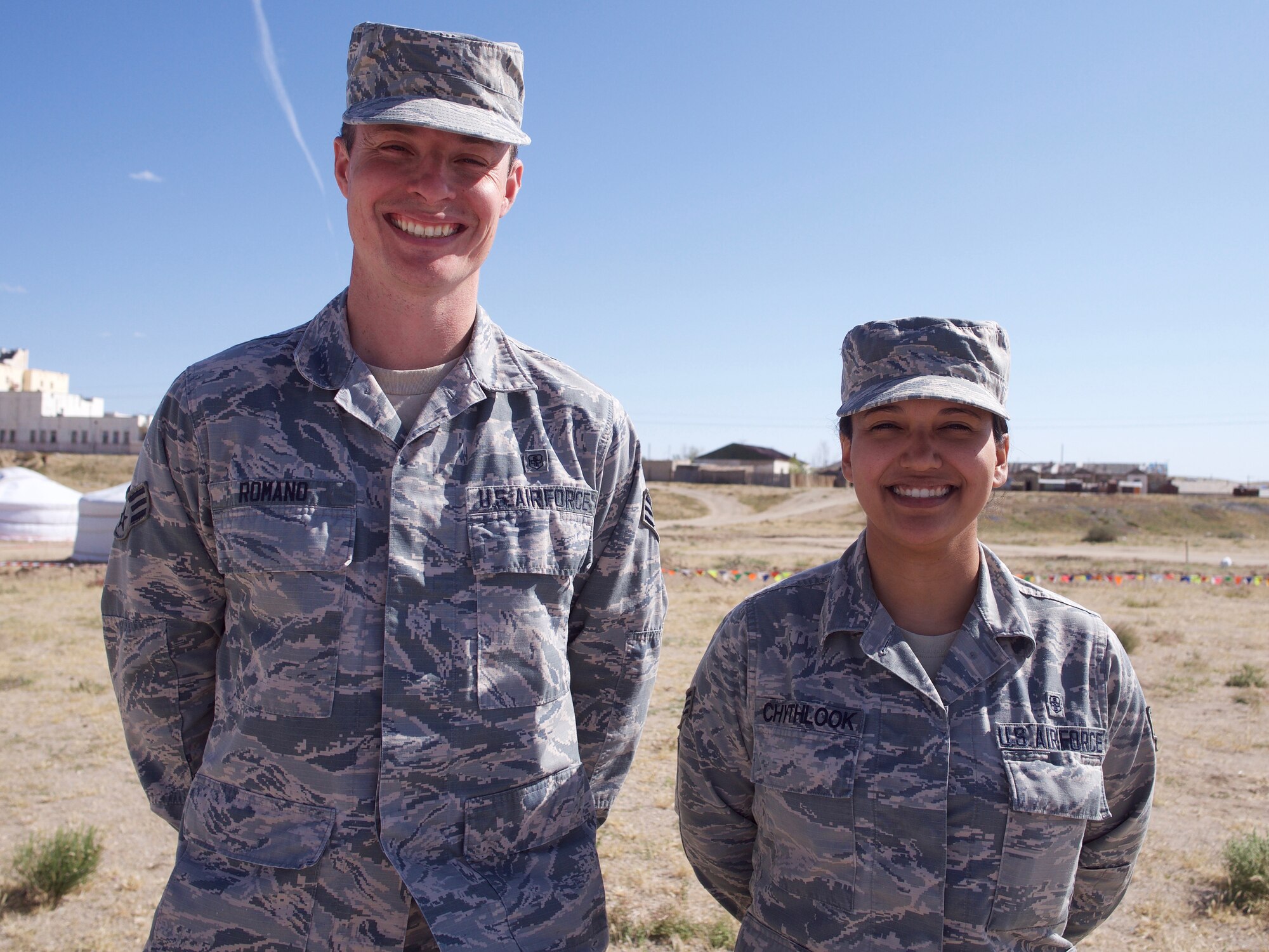 U.S. Air Force Senior Airman Angelo Romano and Senior Airman Liana Chythlook, both assigned to the 176th Medical Group, Alaska Air National Guard, traveled to Sainshand, Dornogovi Province, Mongolia, for Gobi Wolf 2019. GW 19 was hosted by the Mongolian National Emergency Management Agency and Mongolian Armed Forces as part of the United States Army Pacific's humanitarian assistance and disaster relief "Pacific Resilience" series. (U.S. Air National Guard photo by David Bedard/Released)