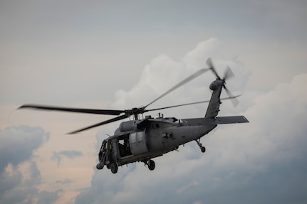 A U.S. Air Force HH-60G Pave Hawk helicopter from the New York Air National Guard’s 101st Rescue Squadron flies for a combat search and rescue training mission during Northern Strike 19 at the Alpena Combat Readiness Training Center, Michigan, July 29, 2019.