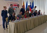 U.S. Army Lt. Gen. Stephen Twitty, deputy commander, U.S. European Command, and participating Balkan nations sign a joint statement reaffirming their commitment to strengthen the regional defense cooperation of the U.S.-Adriatic Charter during the 23rd A-5 chiefs of defense conference in Durrës, Albania, Sept. 25, 2019.