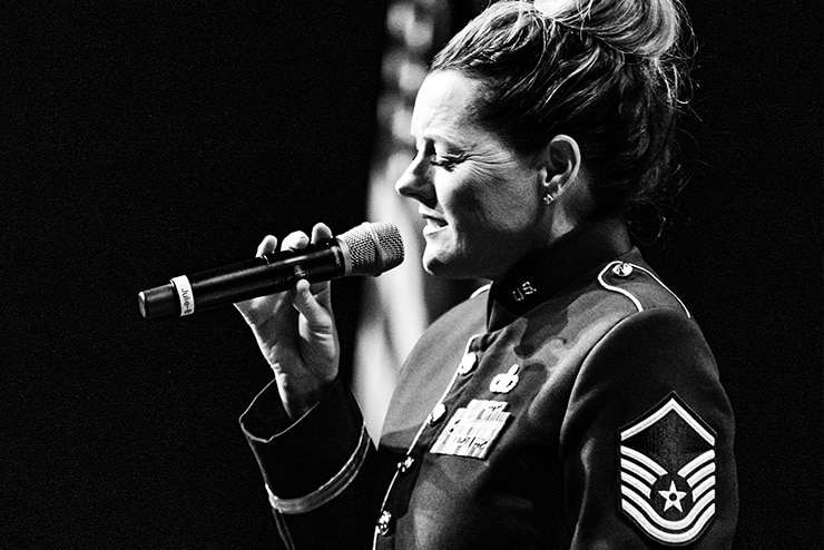 MSgt Julie Bradley sings at a Community Relations concert in the Dennison Theater at the University of Montana, Missoula, MT, on tour with the Falconaires jazz band on February 19, 2019.  (U.S. Air Force Photo/SSgt. Christopher Frierdich)