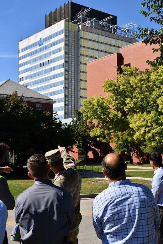 Maj. Gen. Robert F. Whittle, Jr., commanding general of the U.S. Army Corps of Engineers Great Lakes and Ohio River Division, looks at the new façade for the Department of Veterans Affairs Hospital in Hines, Illinois, Sept. 26. The general took time to visit the districts within the division and meet USACE employees since taking command in July. The general’s tour of Chicago District projects, potential projects and sites included Indiana Harbor and Canal confined disposal facility, Bubbly Creek in Chicago, the Asian-Carp electric dispersal barrier, the Metropolitan Water Reclamation District of Greater Chicago’s mainstream pumping station, the McCook Reservoir phase one and two, Northerly Island in Chicago, the Chicago Harbor and Lock, and the Department of Veterans Affairs Hospital in Hines, Illinois. (U.S. Army photo by Patrick Bray/Released)