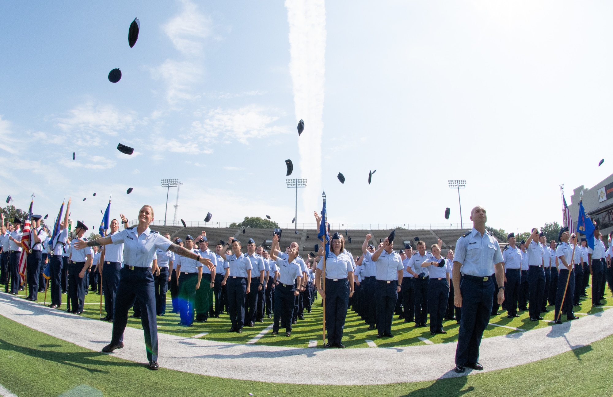 The Air Force’s newest commissioned officers a part of Officer Training School class 19-07 throw their flight caps in the air following their graduation ceremony Sept. 27, 2019, in Montgomery, Alabama. Officer Training School’s class 19-07, or also known as “Godzilla Class” is the school’s largest class in history and pushed OTS to its maximum capacity