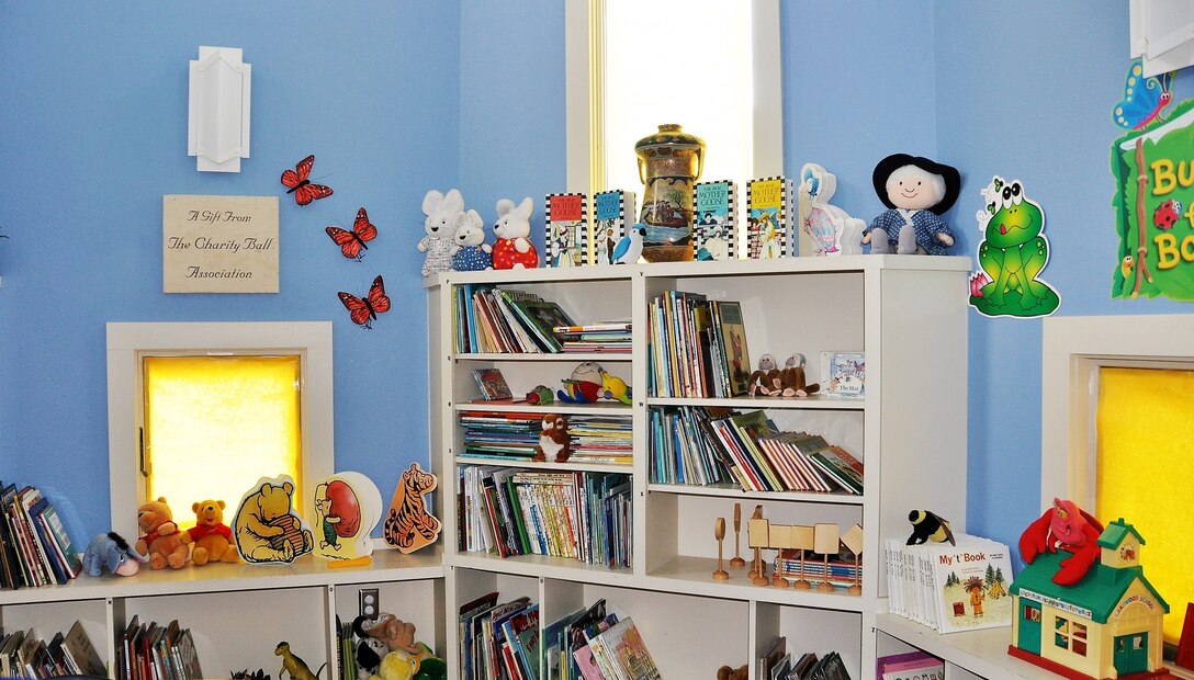 This is a portion of the complete library of children’s books donated by a San Antonio philanthropist to the San Antonio, Texas Family Violence Prevention Services/Battered Women and Children's Shelter. The shelter volunteer relations director, Blanca Uribe, escorted Chief Master Sgt. Scott Goetze, 340th Flying Training Group superintendent and Col. Brent Drown, group deputy commander through the library and other facility areas Aug. 27, prior to the group Sept. 11 community outreach event at the shelter donation center. (U.S. Air Force photo by Janis El Shabazz)