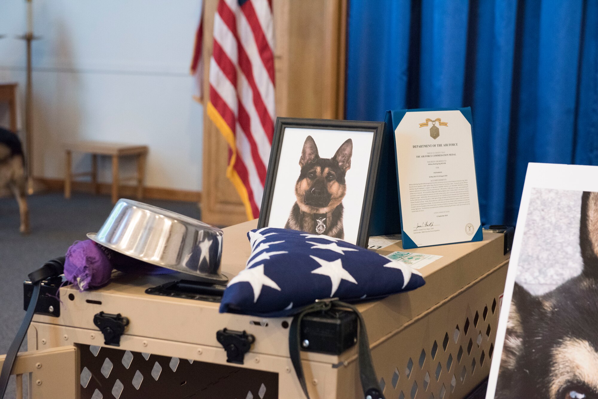The 366th Security Forces Squadron military working dog handlers held a ceremony to comemorate MWD Alf V198 September 26, 2019, at Mountain Home Air Force Base, Idaho. Alf served for six years in the United States Air Force and during that time achieved great accomplishments in support of the United States of America. (U.S Air Force photo by Senior Airman Tyrell Hall)