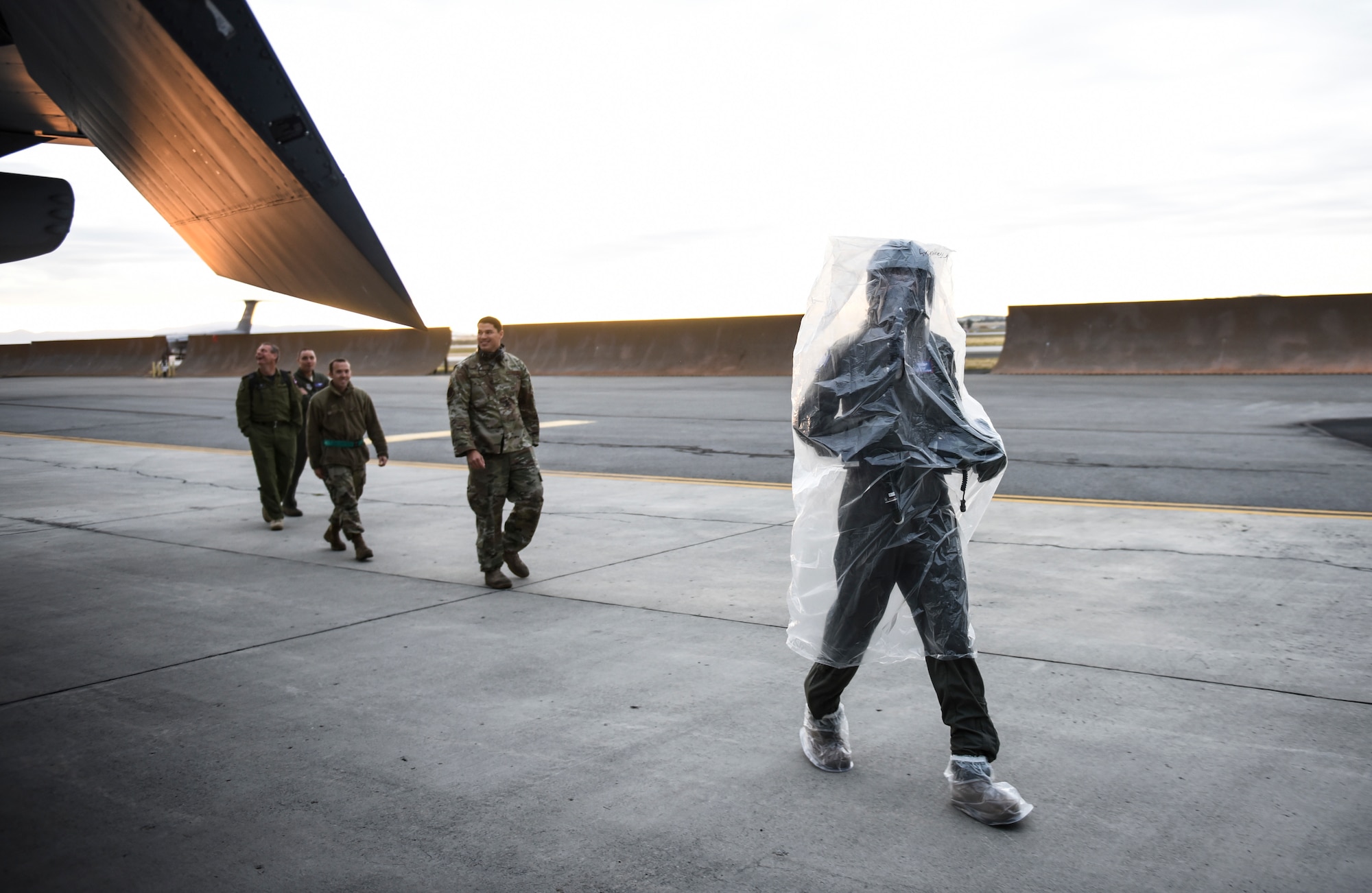 U.S. Air Force Lt. Col Kevin Parsons, right, 93rd Air Refueling Squadron commander assigned to Fairchild Air Force Base, Washington, performs a preflight inspection on a KC-135 Stratotanker while wearing an Aircrew Eye and Respiratory Protection System (AERPS) Sept. 16, 2019, at Fairchild AFB during Exercise Mobility Guardian 2019.