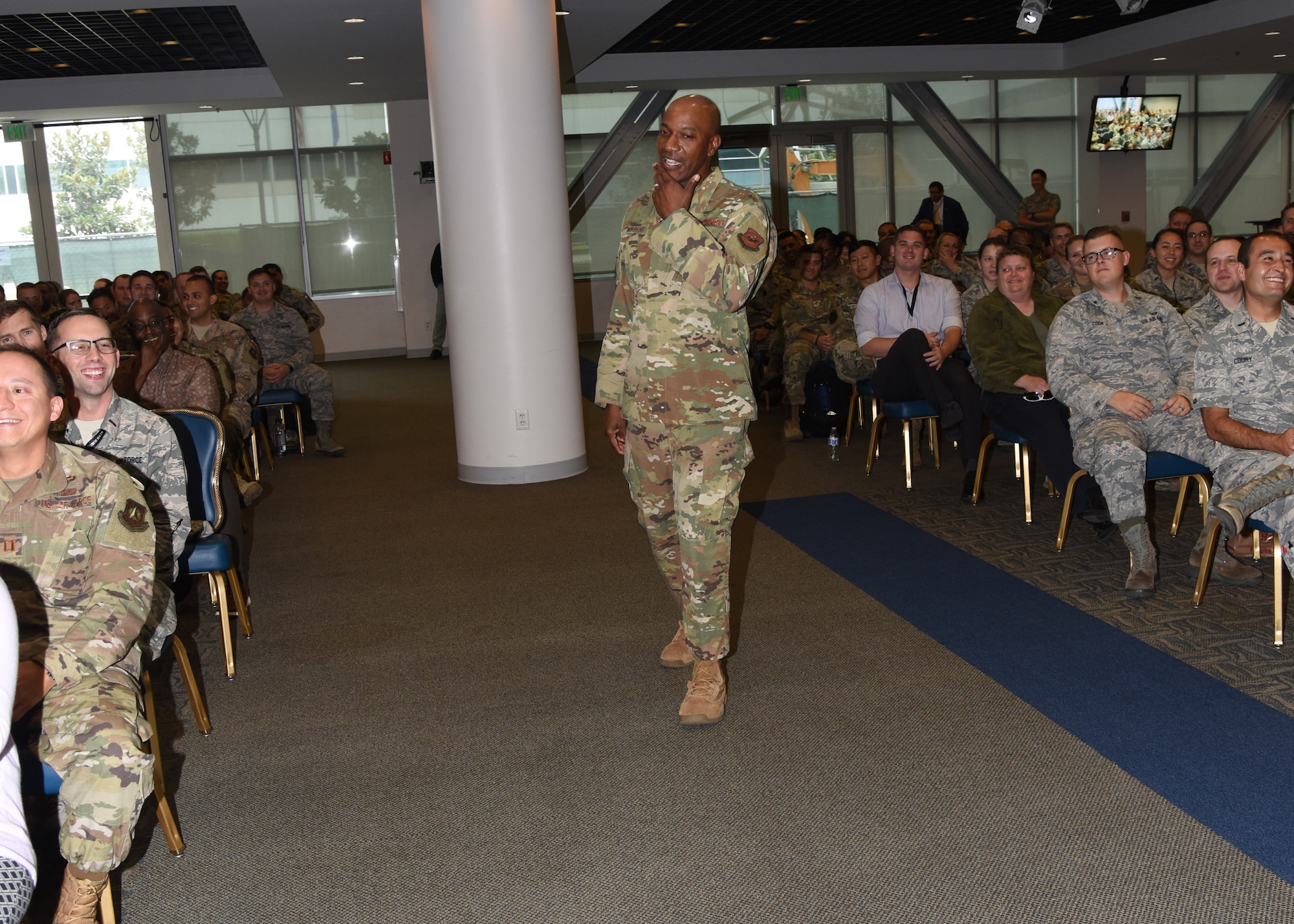 Chief Master Sgt. of the Air Force Kaleth O. Wright speaks to Airmen about resiliency and other things on his mind, Sept. 19, 2019 at Los Angeles Air Force Base, El Segundo, Calif. Airmen of the 61st Air Base Group and the Space and Missile Systems Center were able to speak with Chief Wright in sessions throughout the day.