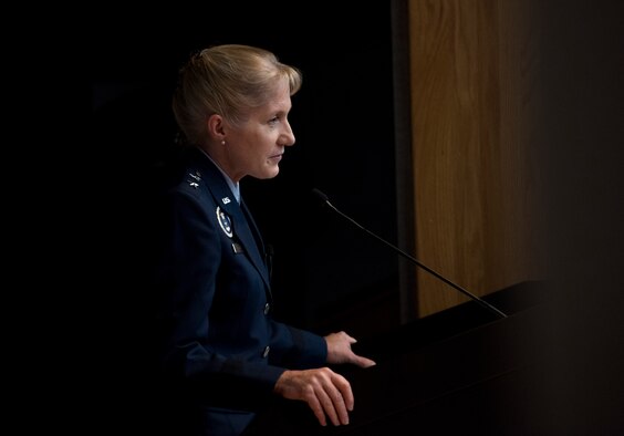 Maj. Gen. Jeannie Leavitt, Air Force Recruiting Service commander, passes a career’s worth of advice on to a group of aviators just starting theirs during Specialized Undergraduate Pilot Training class 19-25’s graduation ceremony at Laughlin Air Force Base, Texas, Spet. 27, 2019. Leavitt, a Laughlin SUPT graduate herself, sports a career of firsts: she was the U.S. Air Force’s first female fighter pilot, first female graduate and instructor of the USAF Weapons School, the first female fighter wing commander, the first female wing commander at Nellis Air Force Base, Nevada. (U.S. Air Force photo by Staff Sgt. Benjamin N. Valmoja)