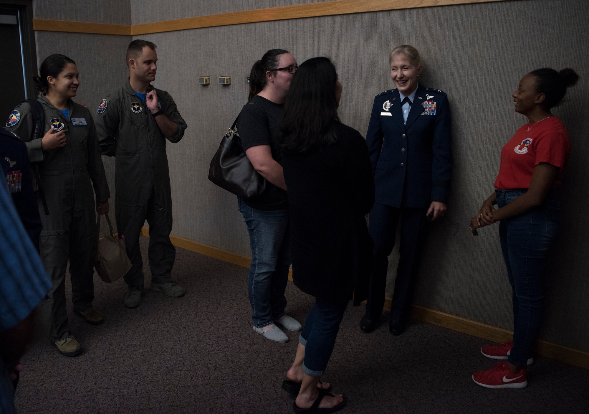 Maj. Gen. Jeannie Leavitt, Air Force Recruiting Service commander, connects with attendees of Specialized Undergraduate Pilot Training class 19-25’s graduation ceremony at Laughlin Air Force Base, Texas, Spet. 27, 2019. Leavitt returned to Laughlin to speak at SUPT class 19-25’s graduation, sharing advice to the graduates. “Work hard, live our core values, and be ready to run through that door when opportunity presents itself,” she said. (U.S. Air Force photo by Staff Sgt. Benjamin N. Valmoja)