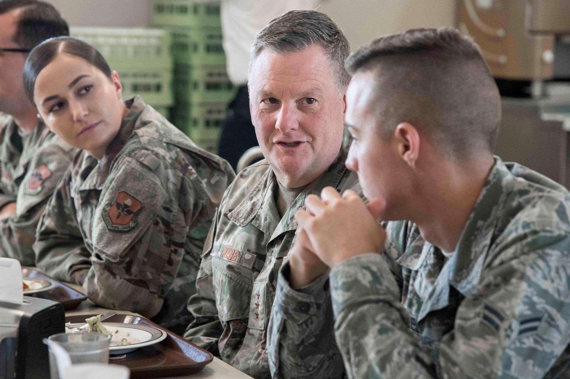 U.S. Air Force Lt. Gen. Brad Webb, commander of Air Education and Training Command, speaks to junior members of the 502nd Air Base Wing during lunch at the Slagel dinning facility, Sept. 26, 2019, at Joint Base San Antonio-Fort Sam Houston, Texas. The AETC command team visited some of the 502nd ABW’s 49 installation support functions, and 266 mission partners that enable the largest Joint Base in DoD to support 80,000 personnel and local community of more than 250,000 retirees. (U.S. Air Force photo by Sean M. Worrell)
