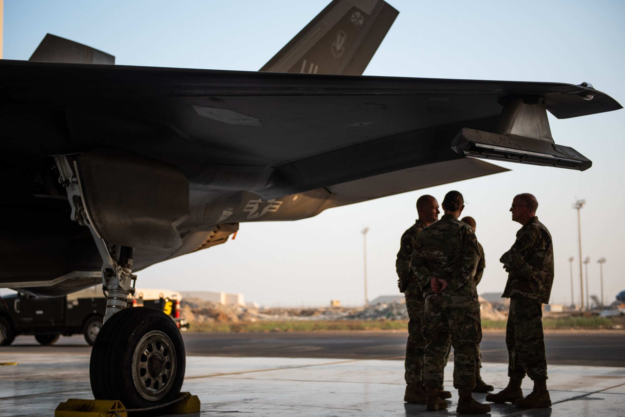 Air Force Vice Chief of Staff Gen. Stephen Wilson speaks with F-35A Lightning II aircrew and maintainers Sept. 27, 2019 at Al Dhafra Air Base, United Arab Emirates. Wilson discussed the strategic role of the F-35A to the U.S. Air Forces Central Command area of operations for its inaugural combat deployment. (U.S. Air Force photo by Staff Sgt. Chris Thornbury)