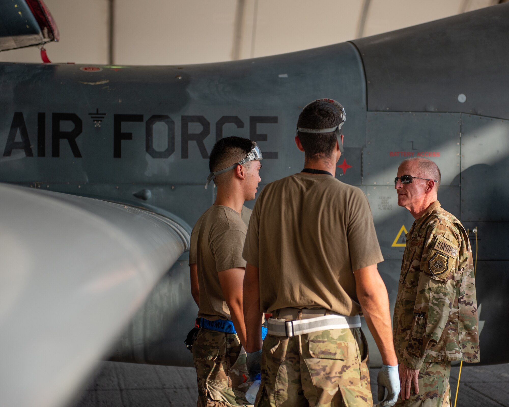Air Force Vice Chief of Staff Gen. Stephen Wilson talks with RQ-4 Global Hawk maintenance Airmen Sept. 27, 2019 at Al Dhafra Air Base, United Arab Emirates. The general met with Airmen from all five Air Force core mission sets diversely represented at the 380th AEW: rapid global mobility; global strike; air and space superiority; command and control; and intelligence, surveillance, and reconnaissance. (U.S. Air Force photo by Staff Sgt. Chris Thornbury)