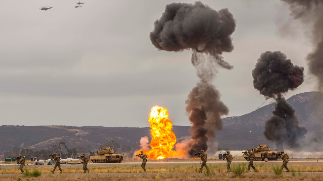 Marines demonstrate the capabilities of the Marine Air-Ground Task Force at the 2019 Marine Corps Air Station Miramar Air Show on MCAS Miramar, Calif., Sept. 27. This year’s air show honors first responders by featuring several performances and displays that highlight first responders and their accomplishments.  (U.S. Marine Corps photo by Lance Cpl. Jaime Reyes)
