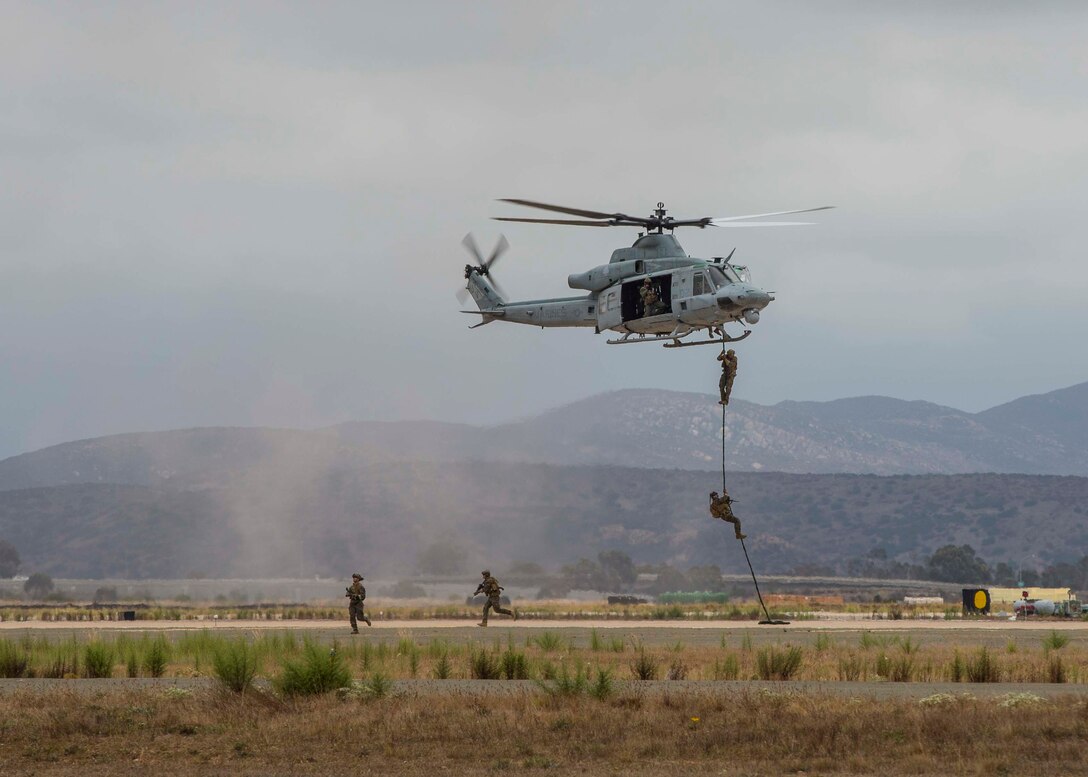 Marines demonstrate the capabilities of the Marine Air-Ground Task Force at the 2019 Marine Corps Air Station Miramar Air Show on MCAS Miramar, Calif., Sept. 27. This year’s air show honors first responders by featuring several performances and displays that highlight first responders and their accomplishments.  (U.S. Marine Corps photo by Lance Cpl. Jaime Reyes)