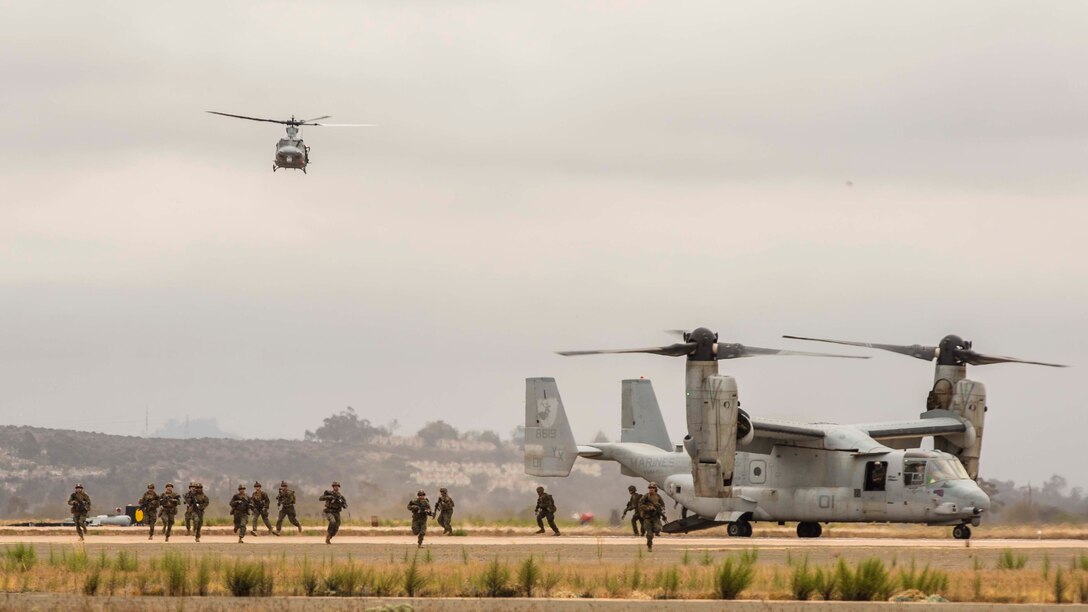 Marines demonstrate the capabilities of the Marine Air-Ground Task Force at the 2019 Marine Corps Air Station Miramar Air Show on MCAS Miramar, Calif., Sept. 27. This year’s air show honors first responders by featuring several performances and displays that highlight first responders and their accomplishments.  (U.S. Marine Corps photo by Lance Cpl. Jaime Reyes)