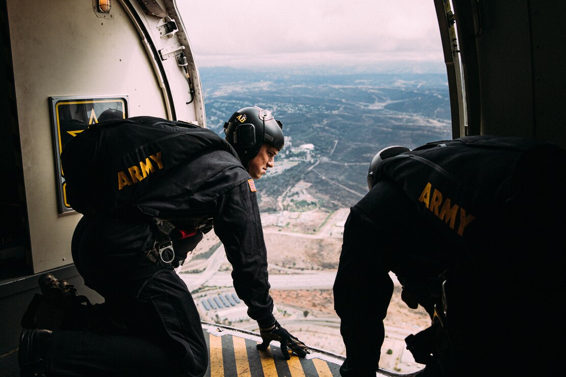 The Golden Knights conduct a demonstration at the 2019 Marine Corps Air Station Miramar Air Show on MCAS Miramar, Calif., Sept 28. This year's air show honors first responders by featuring several performances and displays that highlight first responders and their accomplishments.