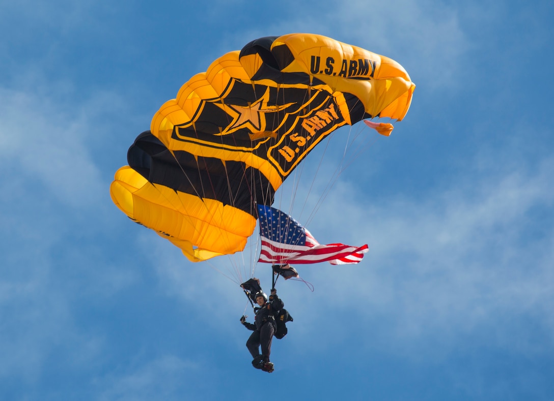 The Golden Knights conduct a demonstration at the 2019 Marine Corps Air Station Miramar Air Show on MCAS Miramar, Calif., Sept 28. This year's air show honors first responders by featuring several performances and displays that highlight first responders and their accomplishments.