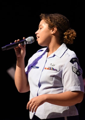 U.S. Air Force Senior Airman Christina Bagley, U.S. Air Force Band of the Pacific vocalist, sings for the Gunsan City’s Chamber of Commerce at the Dongwoo Concert Hall in Gunsan City, Republic of Korea, Sept. 26, 2019. The band played for over 200 chamber of commerce members with their families and perform for around 125,000 people every year. (U.S. Air Force photo by Staff Sgt. Anthony Hetlage)
