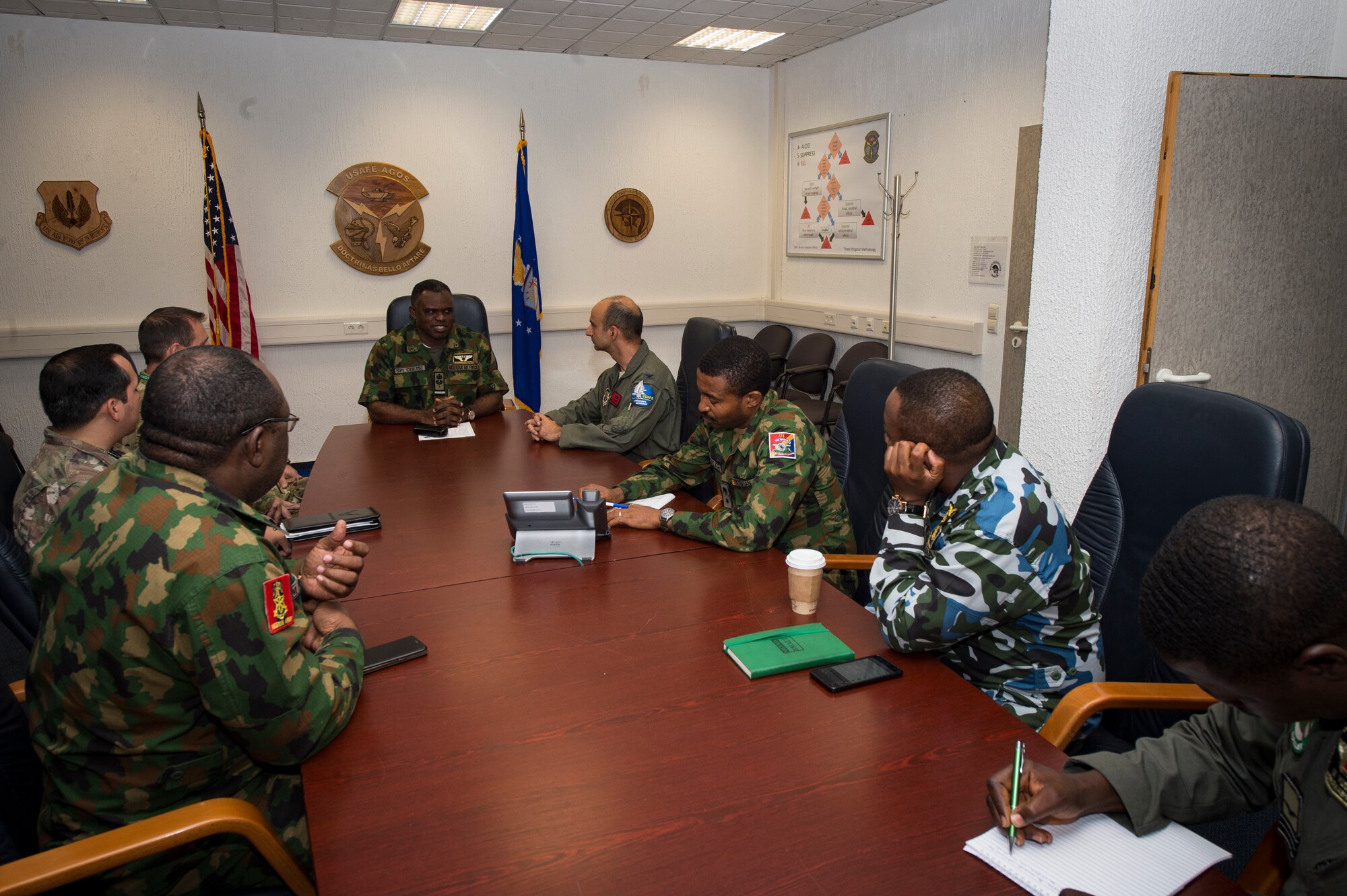 Leaders from the Nigerian armed forces meet with the U.S. Air Forces in Europe-Air Forces Africa’s Warrior Preparation Center during the 4th Combat Training Squadron’s first Air to Ground Integration Course at Einsiedlerhof Air Station, Sept. 18, 2019. Service members from the Nigerian air force, army, and navy, along with a Tunisian air force member discussed their impressions of the course and the benefits of it with the WPC’s leadership. (U.S. Air Force photo by Staff Sgt. Jonathan Bass)